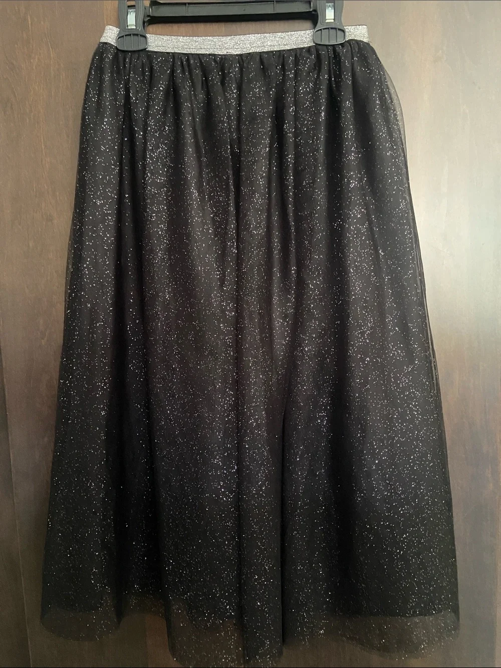 Cat & Jack Black Sparkle Tulle Midi Skirt, Silver Waistband, girls size S (6/6x)